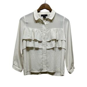 Miki Ruffle Long Sleeve Preppy Button Down Relaxed Fit Blouse Shirt Top White